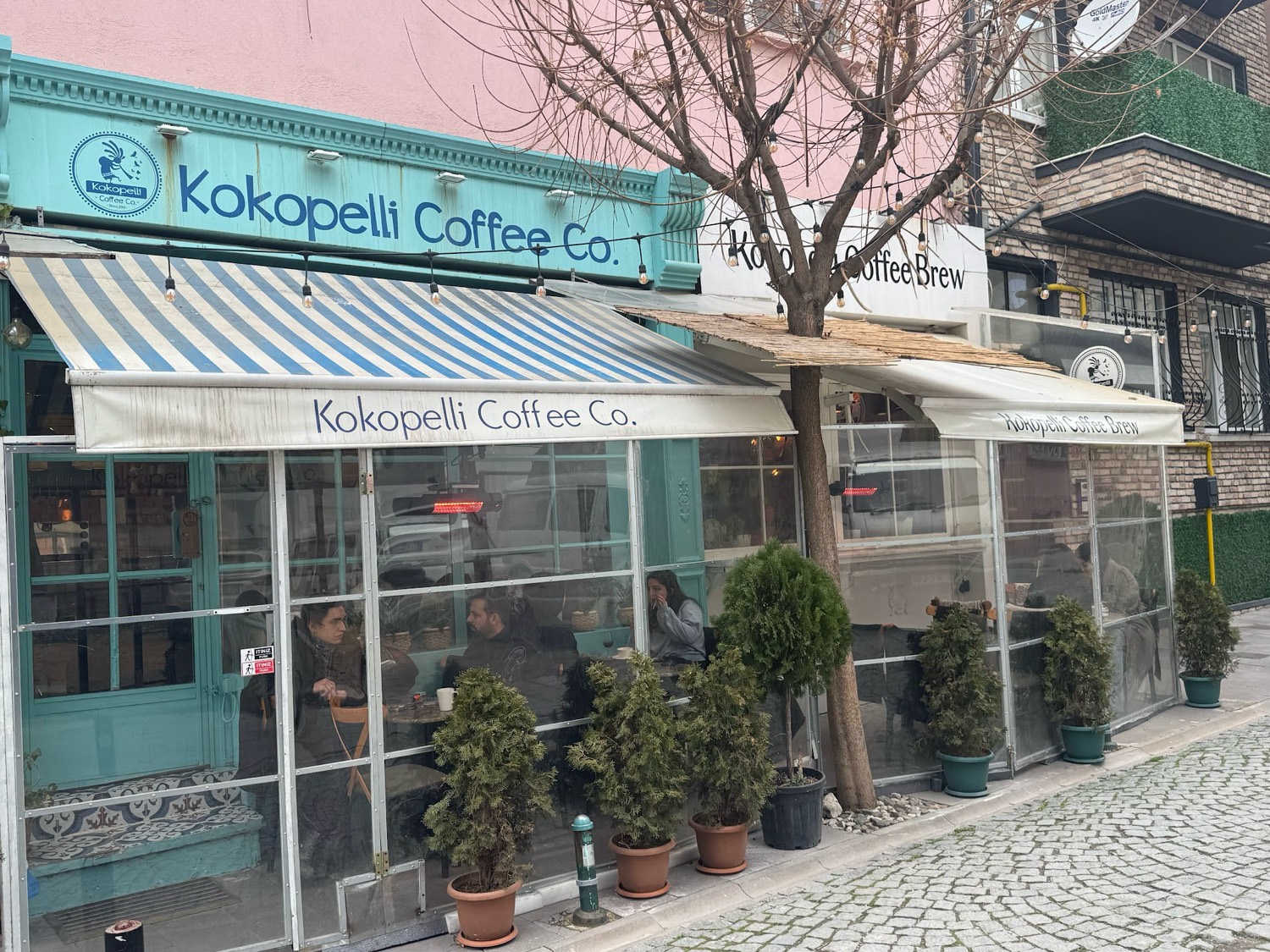Kokopelli Coffee Co. dış cephe — turkuaz vitrin, Odunpazarı sokağı